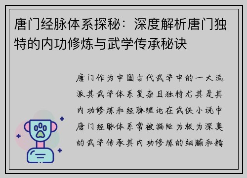 唐门经脉体系探秘：深度解析唐门独特的内功修炼与武学传承秘诀
